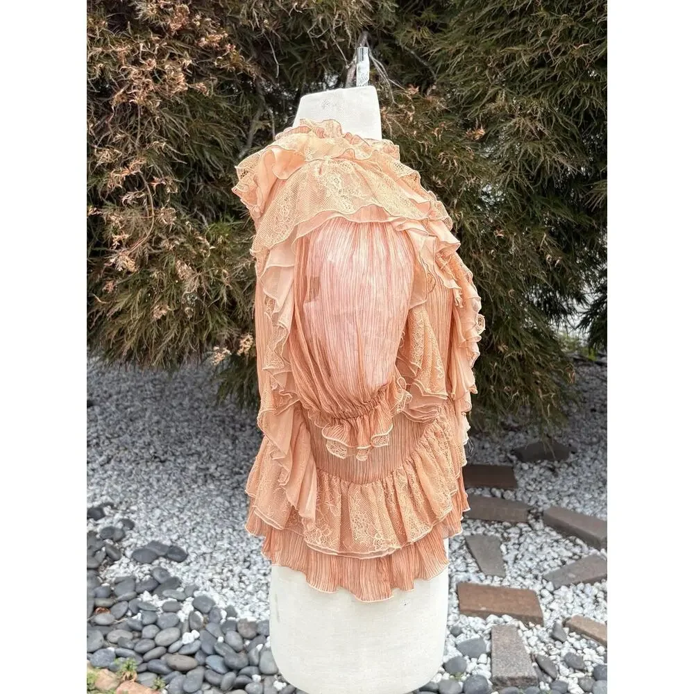 Ulla Johnson Ruffle Silk Top Peach Lace Victorian Boho Blouse Size Large ? NWOT